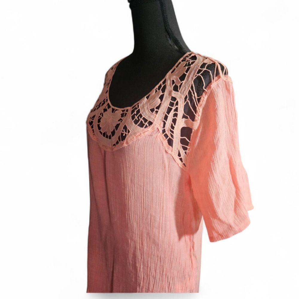Boho Peach Tunic Top XL Crochet Lace Yoke Crinkle Textured Blouse